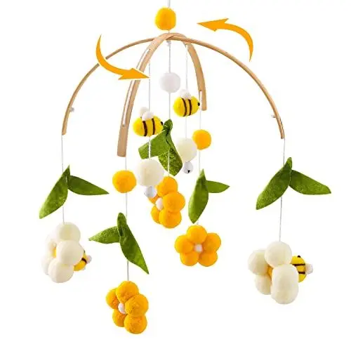 Produktbild: Youuys Mobile Baby Holz mit Filzbällen, Bienen und Blumen Baby Mobile Windspiel, Bettglocke Anhänger für Babybett, Kinderzimmer Deko, Geschenk für Baby Mädchen oder Jungen