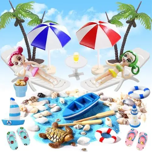 Produktbild: YOUWOSHE 22 Stück Strand-Mikrolandschaft, Mini-Stranddekorationen, Mini Liegestuhl Strandkorb Sonnenschirm Palme Deko Accessoires, Sommerliche Miniatur Deko für DIY Garten Dekoration
