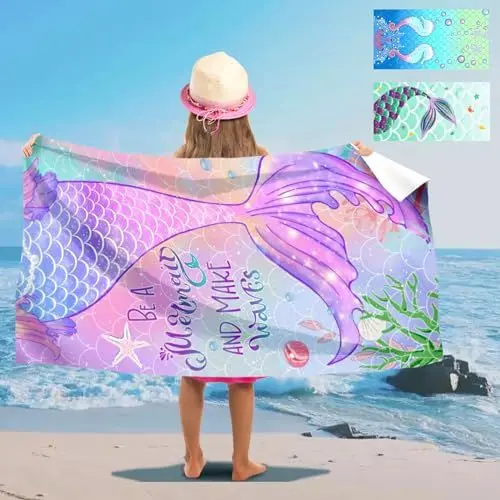 Produktbild: YOUWOSHE Meerjungfrauen Strandtuch, 75x150 cm Meerjungfrau Badetuch Mädchen, Mikrofaser Kinderhandtuch, Ultra Saugfähig, Schnell Trocknend Badetuch, Meerjungfrau Handtuch für Strand Reise Schwimmen