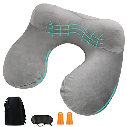 Produktbild: YOUXIU Nackenkissen aufblasbares Reisekissen kompakte Nackenhörnchen egornomische Kopfstütze mit samtweichem waschbarem Bezug für Beste Reiseutensilien zum Schlafen/Lesen/Camping