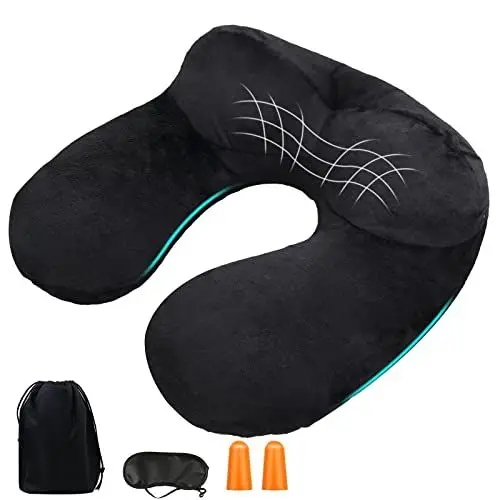 Produktbild: YOUXIU Nackenkissen aufblasbares Reisekissen kompakte Nackenhörnchen egornomische Kopfstütze mit samtweichem waschbarem Bezug für Beste Reiseutensilien zum Schlafen/Lesen/Camping (Schwarz)