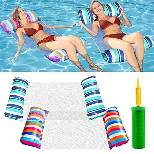 Produktbild: YOUYIKE 2 Stück Luftmatratze Pool Aufblasbare Schwimmbett,4 in1Aufblasbare Wasserschwimmer Hängematte mit Manuelle Großer PumpeWasser Loungesessel Pool Strand für Erwachsene und Kinder