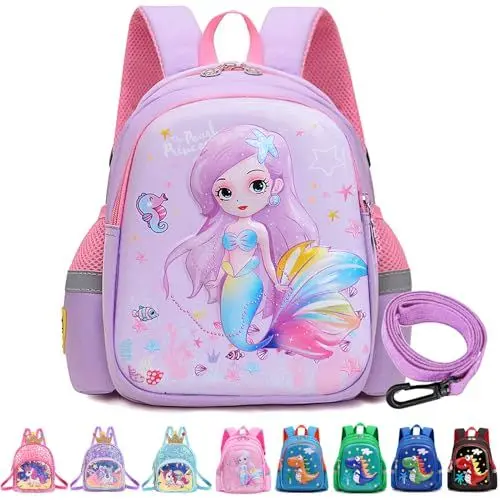 Produktbild: YOUYIKE Meerjungfrau Rucksack Kindergarten, 3D Lila Meerjungfrau rucksack kinder mit Anti-verlorenes Seil, Kita Rucksack, Kindergartenrucksack für Mädchen im Alter von 2 bis 5 Jahren