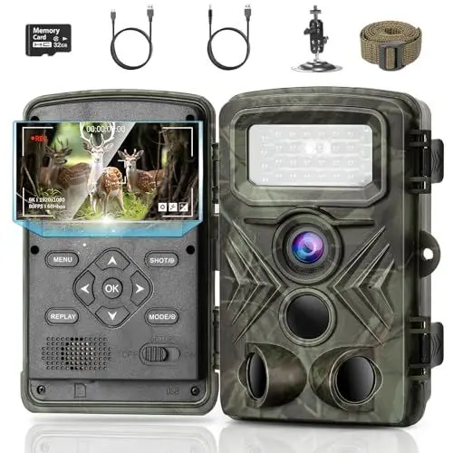 Produktbild: YOVOCA Wildkamera 2.7K 48MP, Wildkamera mit Bewegungsmelder Nachtsicht IP66 Wasserdicht Wildtierkamera mit 32GB SD Karte 130° Weitwinkel 950nm Nachtsichtkamera Tierbeobachtungskamera