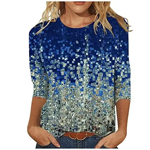 Produktbild: Yowablo Bluse Damen Langarm O-Ausschnitt Bluse Casual Einfarbig Lose Hemd Blusen Shirts T-Tops Damenmode Blumen Gedruckt Mittellange Ärmel Rundhalsausschnitt Casual (XXL,6marine)