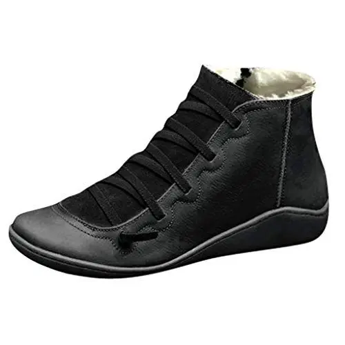 Produktbild: Yowablo Boots Damen Casual Flache Leder Retro Schnürstiefel Seitlicher Reißverschluss Runde Kappe Plus Samt (43 EU,Plus Samt-Schwarz)
