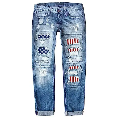 Produktbild: Yowablo Damen-Jeanshose, gerades Bein, zerrissener Druck, mittlere Taille, gerade Jeans, graue Jeans, Denim-Hose Knöpfe Jeanshosen (2-Blue, M)