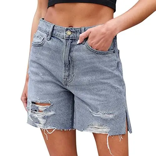Produktbild: Yowablo Damen-Shorts aus gewaschenem, zerrissenem, ausgefranstem Denim im Street (Blue, L)