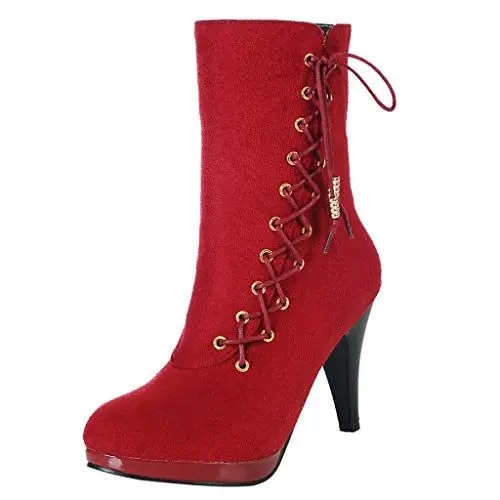 Produktbild: Yowablo Damen Pumps Elegante Stiletto High Heels Rom solide high Heel dünne reißverschluss warme Herde Stiefeletten runde Spitze Schuhe (38 EU,Rot)