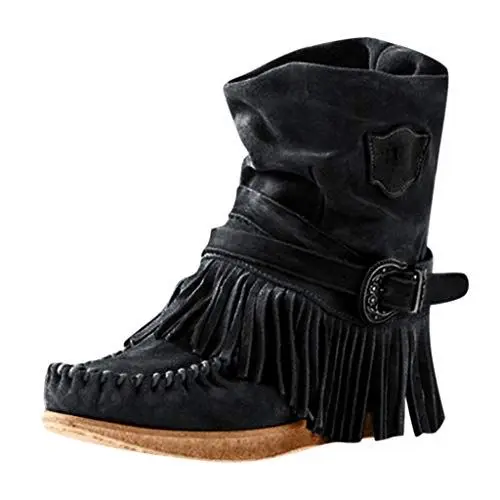 Produktbild: Yowablo Damen Schnürstiefeletten Übergrößen Ankle Boots mit Fransen Damen Römer Retro-Stil Volltonfarbe Quaste Kurze Stiefel Flache Schuhe (36 EU,Schwarz)