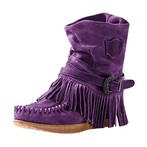 Produktbild: Yowablo Damen Schnürstiefeletten Übergrößen Ankle Boots mit Fransen Damen Römer Retro-Stil Volltonfarbe Quaste Kurze Stiefel Flache Schuhe (37 EU,Blau)