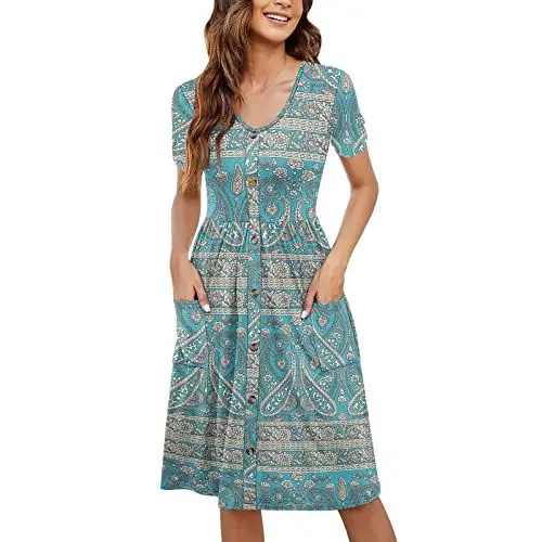 Produktbild: Yowablo Damen Sommer Mode Kurzarm Kleider knielanges Kleid mit Knöpfen und Taschen Damen Kleid Elegant Festlich (XXL,a-Blau)
