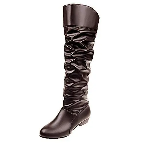 Produktbild: Yowablo Damen Stiefel mit Blockabsatz Kniehohe Stiefel Einfarbig Flache Lederstiefel Slip-On Stiefel Party Schuhe (43 EU,Kaffee)