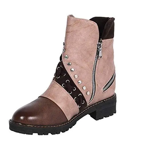 Produktbild: Yowablo Damen Stiefeletten Plateau Boots mit Blockabsatz Profilsohle Winter Mix Farben Abgerundete Zip Laubsägearbeit Stiefel Rivet Cross Retro Punk Schuhe (37 EU,Braun)
