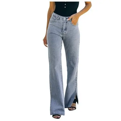 Produktbild: Yowablo Denim-Hosen Jeanshosen Stretch Damen-Jeans mit Knöpfen, hoher Taille und Taschen, elastisch, einfarbig, schmale (Light Blue, XXL)