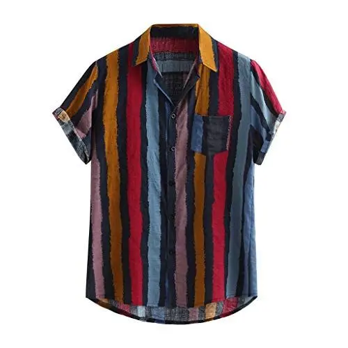 Produktbild: Yowablo Hemden Herren Lose Mehrfarbige Streifen Klumpen Brusttasche Kurzarm Runder Saum (XXL,2blau)