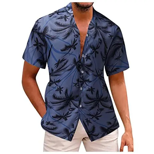 Produktbild: Yowablo Herren Sommer Mode Hemd Freizeit Meer Strand Hawaii Kurzarm Bedrucktes Hemd Lässige Top Bluse Hell Blau Hemd Herren (M,Marine)