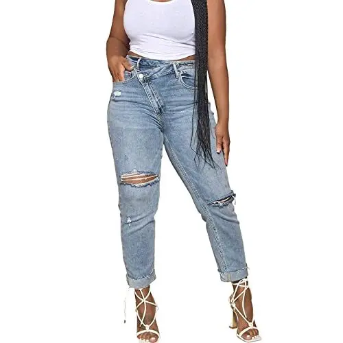 Produktbild: Yowablo Hose Jeanshosen Frauen Lässig Persönlichkeit Ripped Stretch Tasten Jeans Eng Anliegende (Light Blue, XXL)
