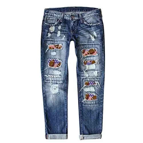 Produktbild: Yowablo Hose mit Jeans-Baseball-Print für Damen Jeanshosen Zerrissene Für Damen (Dark Blue-5, L)