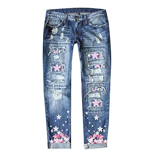 Produktbild: Yowablo Jeanshose Damen Bedruckte perforierte, gerade Jeanshosen (h-Blue, XL)