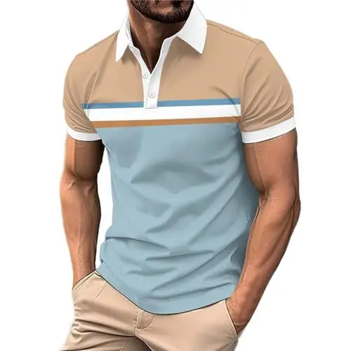 Produktbild: Yowablo Poloshirt Herren Poloshirt Herren Kurzarm Herren-Sommerhemd mit bedrucktem Kragen und Knöpfen für Sport und Freizeit Tops Herren (1-Khaki, XL)