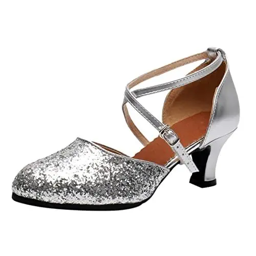 Produktbild: Yowablo Damen Latein Tanzschuhe Geschlossene Zehe Mode Tango Cha-Cha Ballroom Performence Tanzen Schuhe (A-Silver, 42)