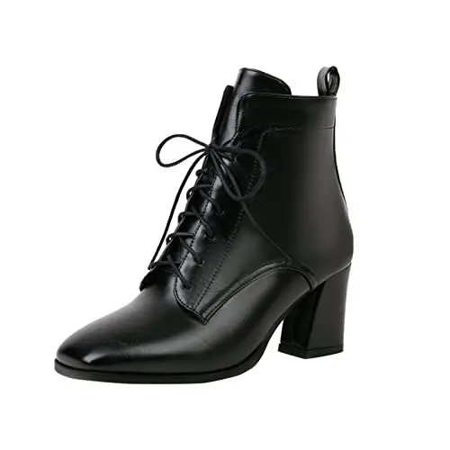 Produktbild: Yowablo Stiefel Damen Klassische Spitze Schnürstiefel aus Leder mit hohen Absätzen (41 EU,Schwarz)
