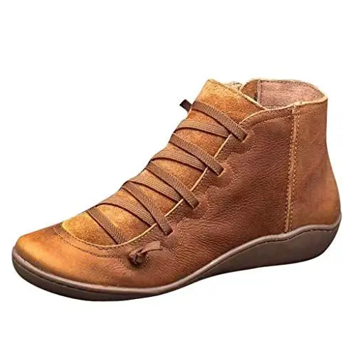 Produktbild: Yowablo Stiefel Damen Lässige Flache Retro-Schnürstiefel aus Leder mit seitlichem Reißverschluss und runder Schuhspitze (39 EU,3- Braun)