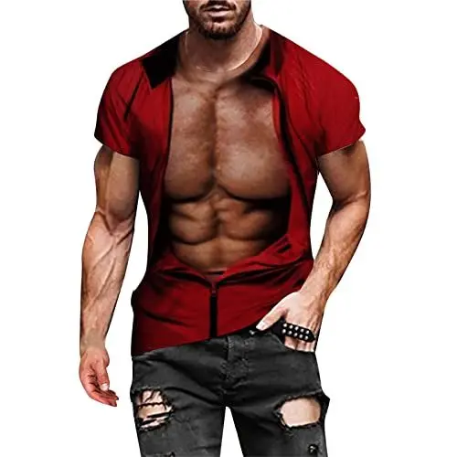 Produktbild: Yowablo T-Shirt Männer Lustige 3D Muskeldruck Fitness Elastic Short Sleeve Top Bluse (B-Red, XXL)