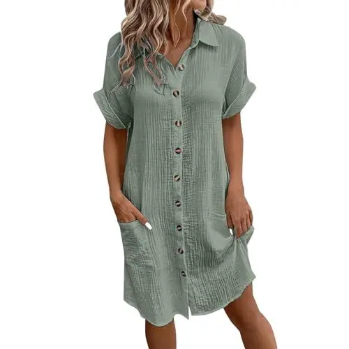 Produktbild: Yowablo musselinkleid Sommerkleid mit ärmel Kurze Sommerkleider Strandkleid Damen luftig leinenkleid (b-Grün,XXL)