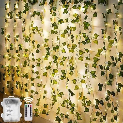 Produktbild: yowin Efeu Lichterkette 10M 100 LED Fake Efeu Batteriebetrieben mit Fernbedienung für Aesthetic Zimmer Decor, 8 Modi Wasserdicht Efeu Künstlich mit Lichterkette für Room Balkon Garten Terrasse