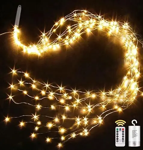 Produktbild: yowin Lichterkette Klein 1M 100 LED Lichterschweif mit Batterie, Timer, Fernbedienung, Lichterstrang 8 Modi Wasserfall Lichterkette Wasserdicht Lichterbündel für Gießkanne Baum Außen Innen Deko