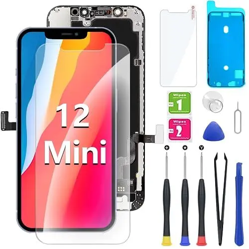 Produktbild: YOXINTA iPhone 12 Mini Display 5.4'', iPhone 12 Mini LCD Bildschirm Ersatz Digitizer Full Assembly, 3D Touch, Face ID, Wasserfester Klebstoff, Bildschirmschutz, Reparaturwerkzeug