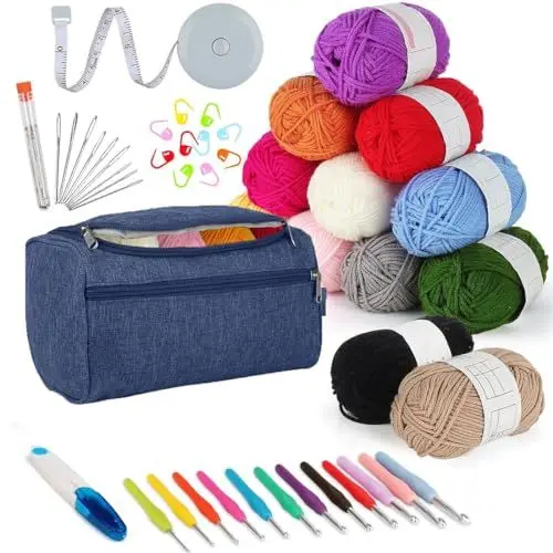 Produktbild: YOYEAH 46 Stück Häkelnadel Set für Anfänger mit 12 Farben Häkelgarn, Ergonomische Häkelnadeln Set 2-8mm, Marineblau Häkeltasche und Zubehör, Crochet Hook Set für Stricken und Häkeln