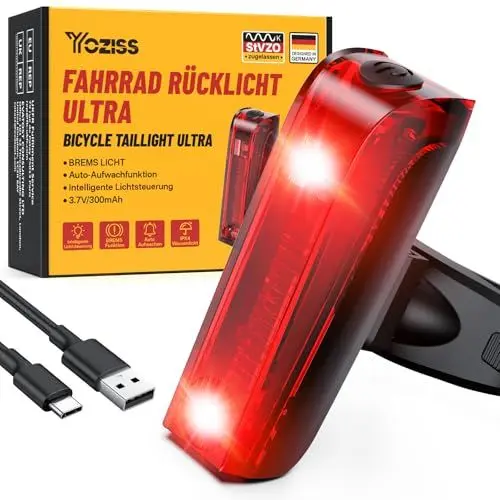 Produktbild: YOZISS Fahrrad Rücklicht mit Bremslicht,Sensor Fahrradlicht StVZO Zugelassen,Fahrrad Rücklicht mit Sensor,Intelligent Helligkeitsanpassung,Fahrrad Bremslicht USB aufladbar für Rennrad,MTB,E-Bike