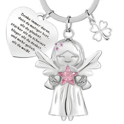 Produktbild: YPLonon Schutzengel Glücksbringer Schlüsselanhänger mit Edelsteinen und Rosa-Stern Schlüsselanhänger Aufmunterung Geschenk Weihnachten Schutzengel Glücksbringer für Freundin Freund Kollegen Kollegin