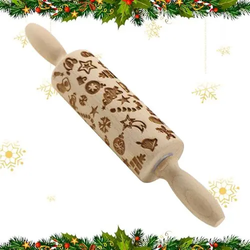 Produktbild: YPLonon Teigroller Weihnachten 30cm 3D Holz Nudelholz Mit Geprägtem Muster - Hölzern DIY Präge Nudelholz für Küche Plätzchen