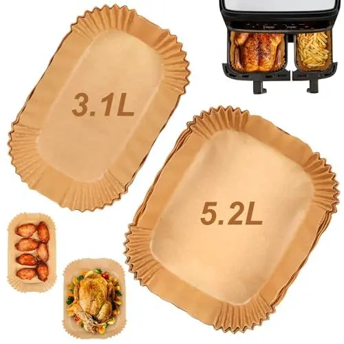 Produktbild: YQL Airfryer Backpapier für Tefal Heißluftfritteuse 5,2/3,1L, Heißluftfritteuse Zubehör für Philips Airfryer 3000/5000 Series 9L Dual Basket/Cookwise 2 Kammern (50 Stück + 50 Stück)