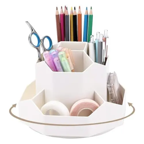 Produktbild: Yrangee Schreibtisch Organizer Drehbar Stiftehalte Kinder - 360 Rotierende Große Kapazitätstifte Organizer mit 9 Fächern Für Büro Schule Schreibtisch Bleistift und Andere Schreibwaren Lagerung - Weiß