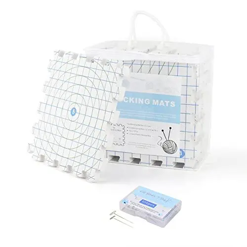 Produktbild: Yrangee Spannmatten mit Raster, 9 Stück Matten zum Spannen für Handarbeiten Stricken Häkeln Spitze Tiefe Spannunterlagen Set mit Rasterlinien 32x32cm, 100 T-Nadeln Tasche zum Aufbewahren mit Grid