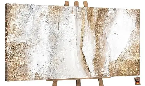 Produktbild: YS-Art Luxus Abstrakt Design Acryl Gemälde auf Leinwand Ästhetik handgemalt Wandbilder Wohnzimmer modern Wohndekor Bilder Büro Gold Beige echte Kunst 160x80 cm