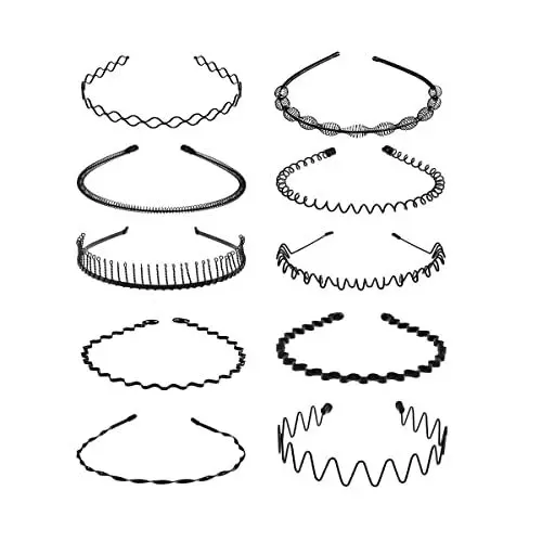 Produktbild: YSTrillion Haarreif 10 Stück Unisex Metall Haarband,Schwarz Spring Wave Haarband Damen Herren,Rutschfestes Elastisches Stirnband,Stirnband Zubehör für Outdoor Sports Yoga