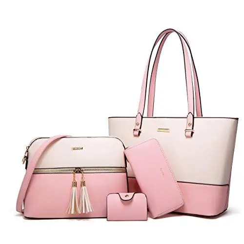 Produktbild: YTL Damen Handtasche Tote Shopper Groß Schultertasche Umhängetasche Geldbörse Kartenhalter Tasche 4-teiliges Set für Büro Schule Einkauf Reise Geschenk beige rosa