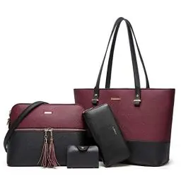 Produktbild: YTL Damen Handtasche Tote Shopper Groß Schultertasche Umhängetasche Geldbörse Kartenhalter Tasche 4-teiliges Set für Büro Schule Einkauf Reise Geschenk schwarz Wein