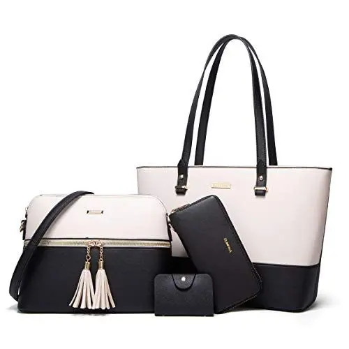Produktbild: YTL Damen Handtasche Tote Shopper Groß Schultertasche Umhängetasche Geldbörse Kartenhalter Tasche 4-teiliges Set für Büro Schule Einkauf Reise Geschenk schwarz beige