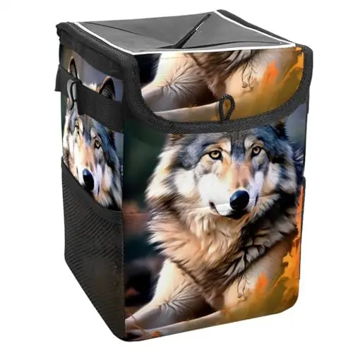 Produktbild: YTYVAGT Auto Mülleimer mit Deckel und Aufbewahrungstaschen,auslaufsicherer Organizer,wasserdichter Mülleimer,Tierportrait Wolf