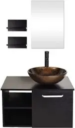 Produktbild: YU YUSING Badmöbel Set Waschbeckenunterschrank Badezimmerschrank mit Waschbecken Unterschrank Spiegel, Badezimmermöbel mit Waschtisch, Spiegelschrank, 2 Wandregale, Wasserhahn Set (Braun)
