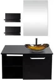 Produktbild: YU YUSING Badmöbel Set Waschbeckenunterschrank Badezimmerschrank mit Waschbecken Unterschrank Spiegel, Badezimmermöbel mit Waschtisch, Spiegelschrank, 2 Wandregale, Wasserhahn Set (Modern Golden)