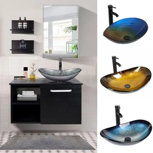 Produktbild: YU YUSING Badmöbel Set Waschbeckenunterschrank Badezimmerschrank mit Waschbecken Unterschrank Spiegel, Badezimmermöbel mit Waschtisch, Spiegelschrank, 2 Wandregale, Wasserhahn Set (Modern Silber)