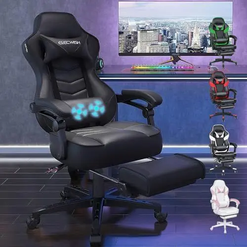 Produktbild: YU YUSING Gaming Stuhl Bürostuhl mit Fußstütze, Racing Stuhl Massage Ergonomisch, Drehbar Hochenverstellbar, 90-150°Rückenlehne Verstellbar, Abnehmbare Kopfstütze, Lendenkissen (Schwarz)